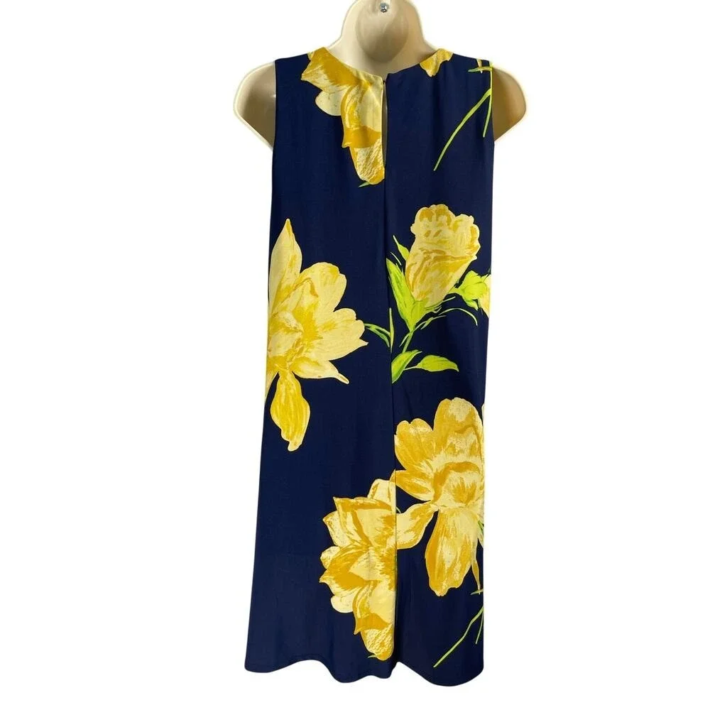 Anne Klein Dress 8 Navy Golden Floral A-line Swing Sleeveless Travel Vacation